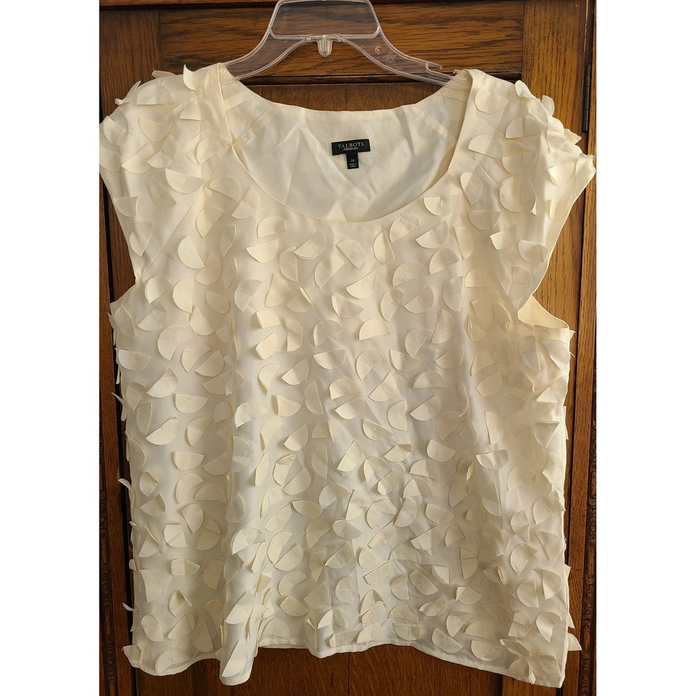 Talbots 100% Silk Ivory 3D Petal Applique Cap Sleeve Blouse Top Womens 14